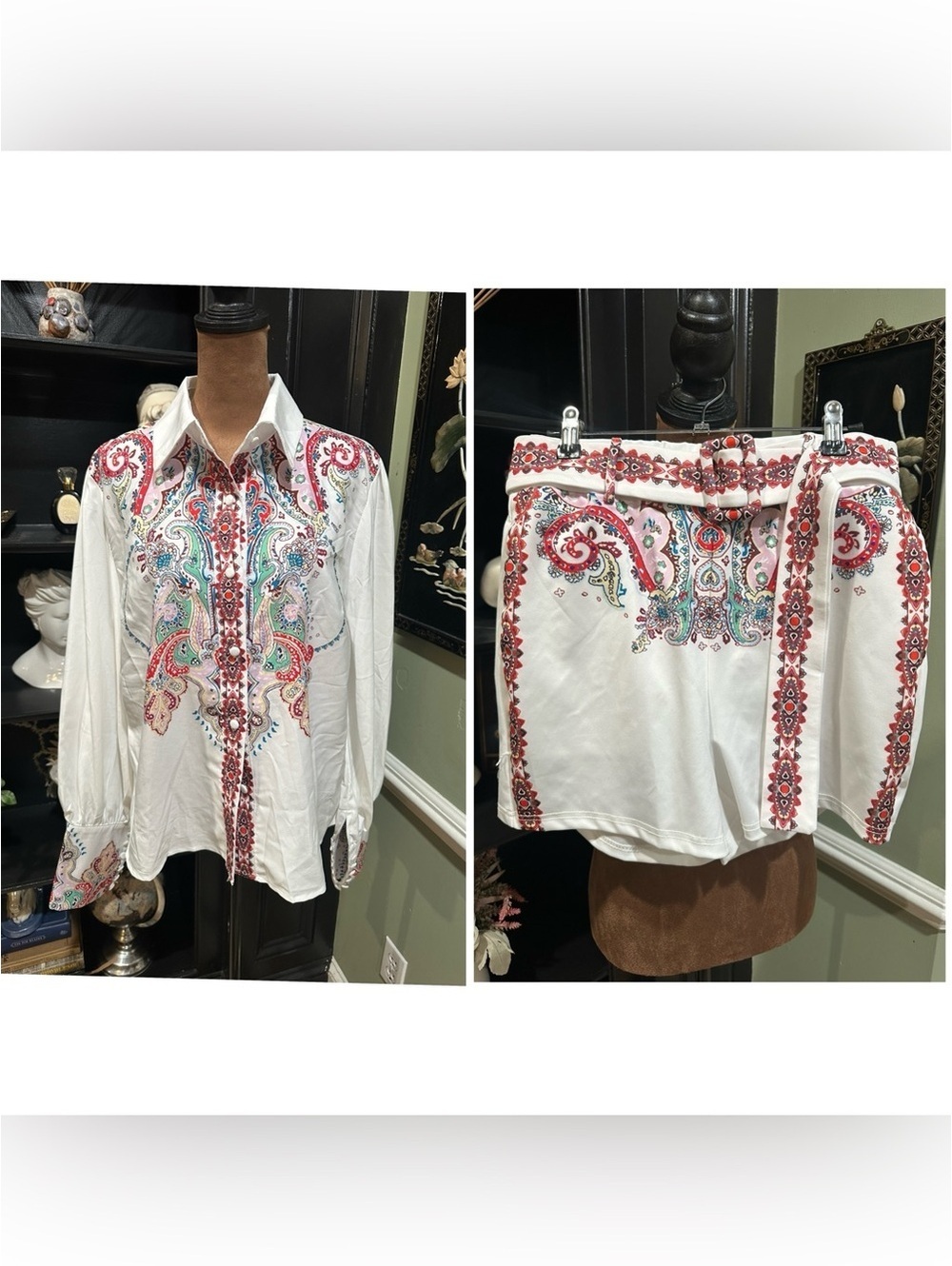 ChicMe Paisley Button‑Down Shirt & Shorts Set – Size Large (Fits S–M)